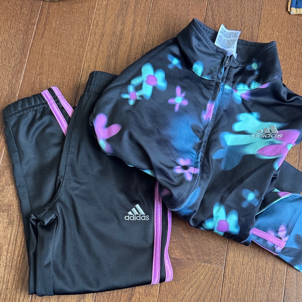Adidas Kids Black and Purple Floral Jogger Set